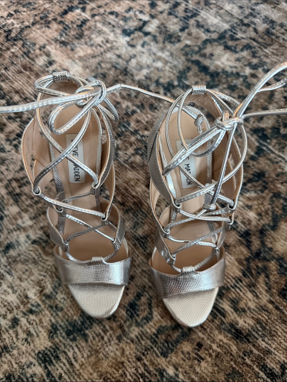 Steve Madden Metallic Silver Lace-Up Strappy High Heels